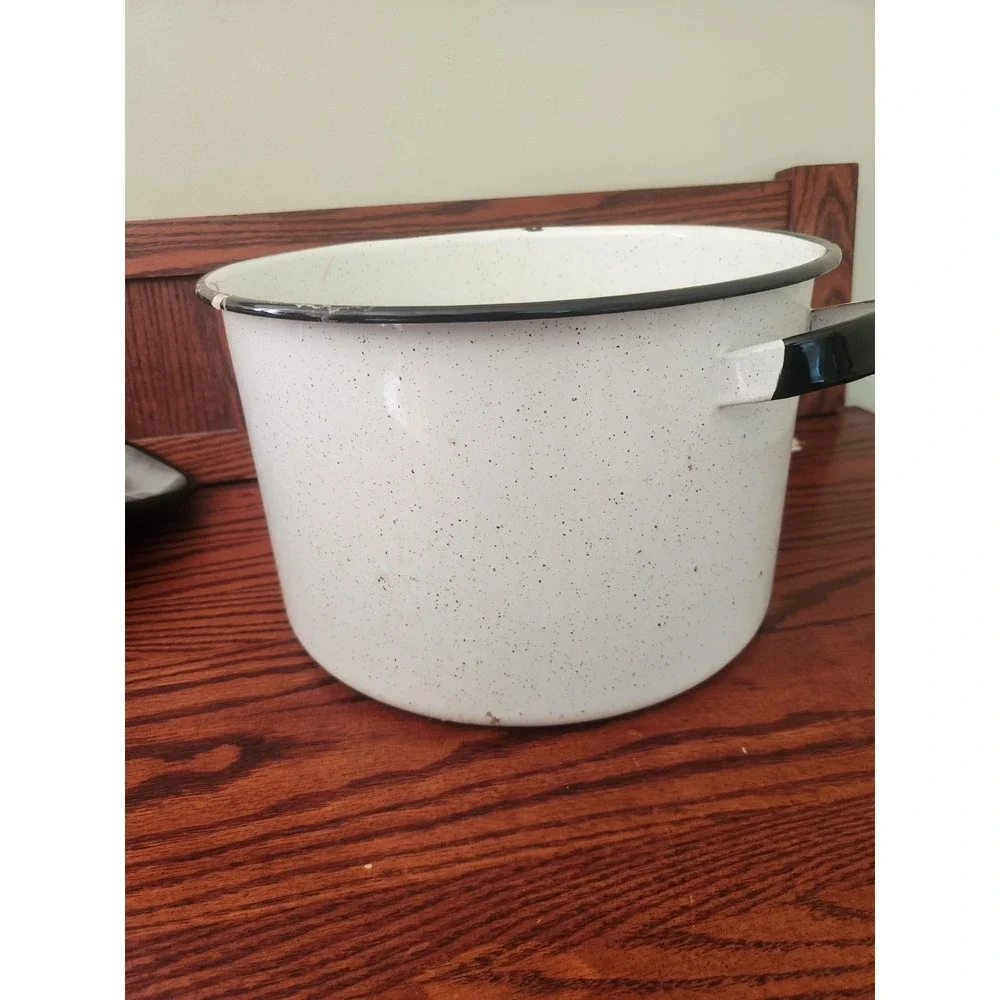 Vintage White And Black Enamelware Pot With Handles 1 Ft Diameter County Cottage